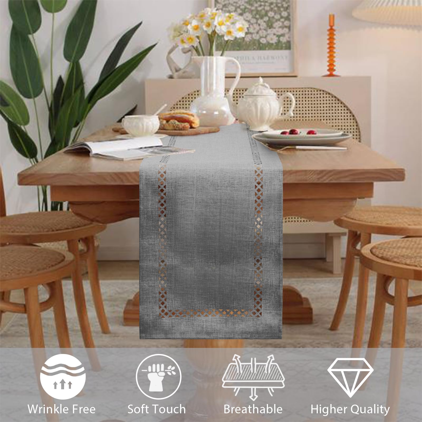 BAZIOE Modern Table Runner Grey Linen Table Runner Washable Openwork Design Ideal for Holiday Party Decoration Dining Table - Image 4