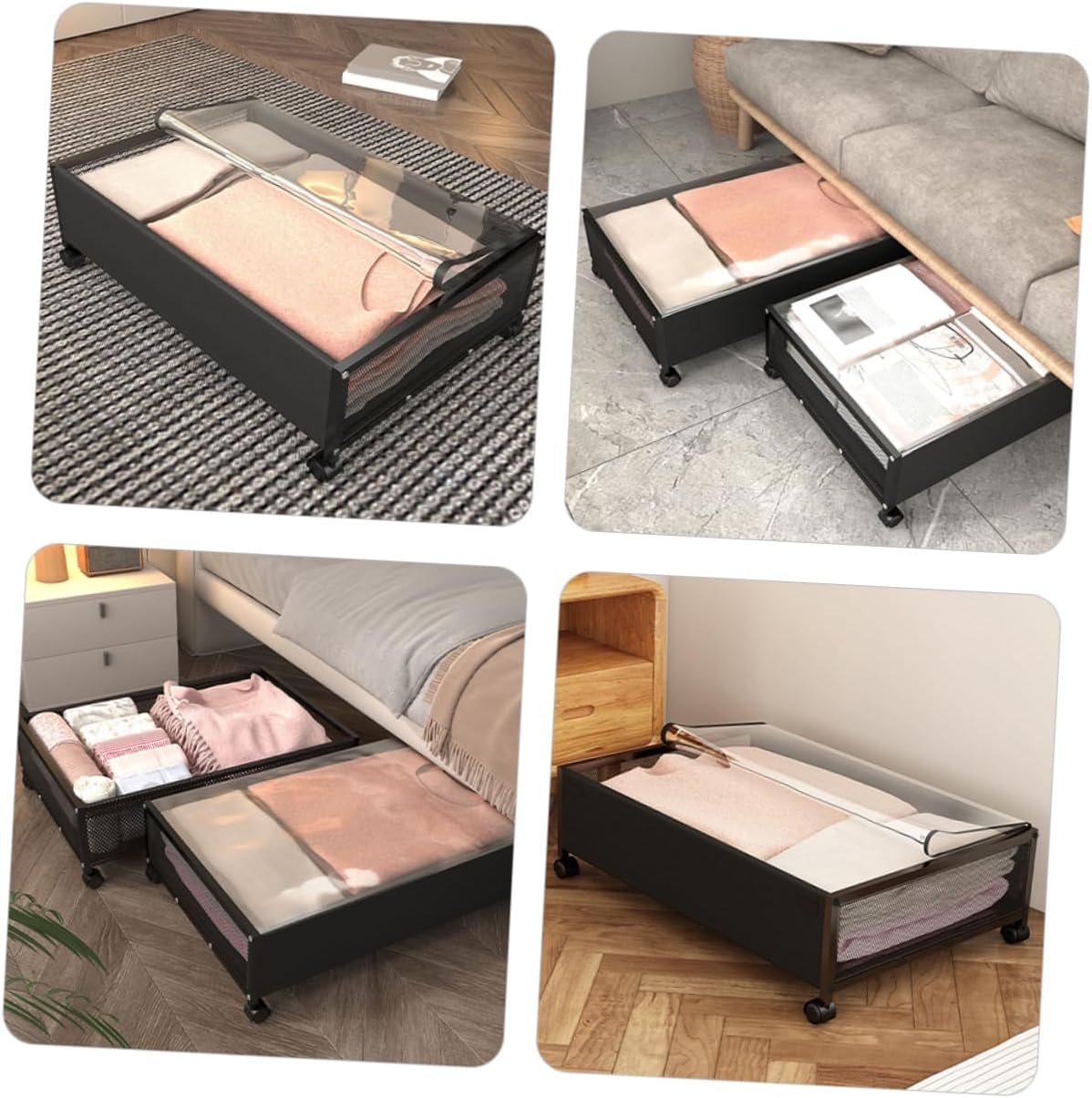 Garneck Roller Bed Bottom Basket Blankets Container Rolling Toy Storage Bed Clothes Organizer Storage Bins Storage Cart Clothes Storage Holder Storage Shelf Non-woven Fabric Black