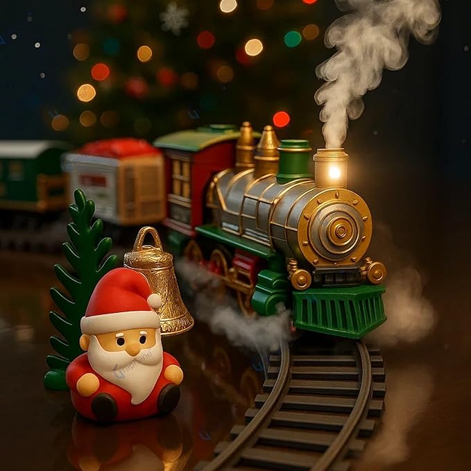 GRAPHENE Rechargeable Christmas Toy Train Set with 3 Side Smoke Pull Back Santa LED Lights Music Train Set with DIY Railway Tracks for Kids 3-7 Years Educational Gift for 5+ Kids Boys Girl Toddlers
