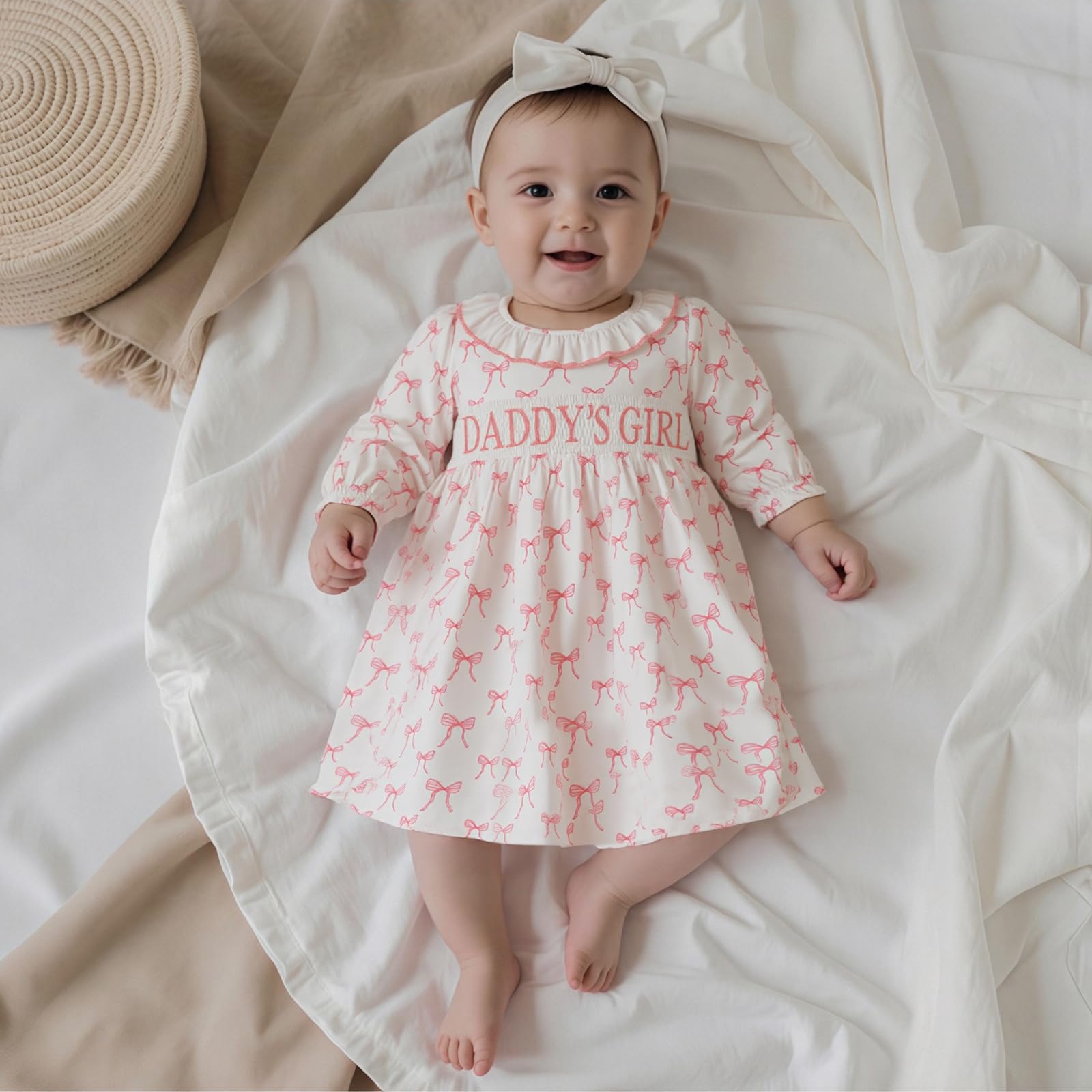 Rourufy Toddler Girl Summer Dress Daddys Mamas Girl Clothes Infant Long Sleeve Bow Princess Smocked Dresses Fall Clothes (A Daddy's Girl White, 18-24 Months)