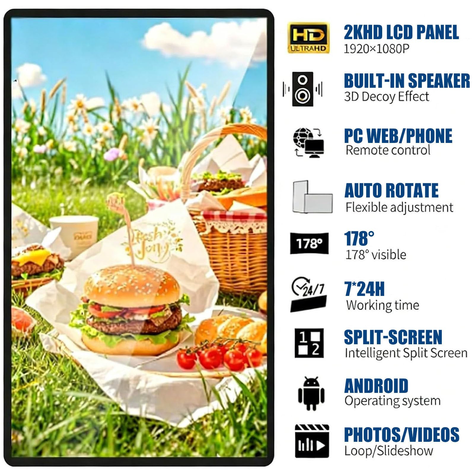 Pantallas Digitales, Reproductores Multimedia publicitarios, Pantallas publicitarias comerciales de Pared con Control Remoto/USB para escaparates de restaurantes/Tiendas 23.6in