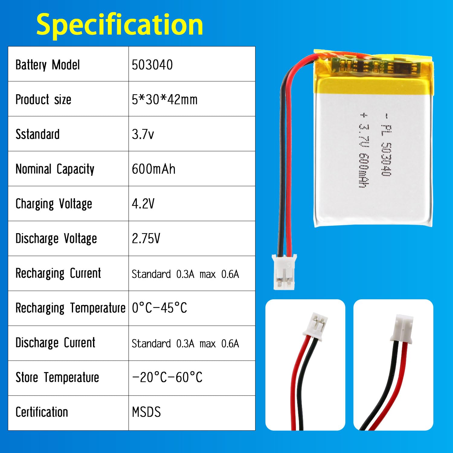 Amazon.com: Qimoo 503040 3.7V Lipo Battery 600mAh Rechargeable