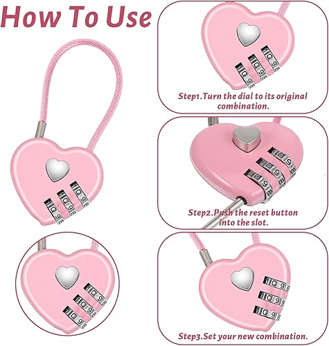 Miniatura 4 de 3 cerraduras de combinación de 3 dígitos para casillero, cerradura de corazón rosa con cuerda de alambre de acero, mini cerraduras para equipaje,