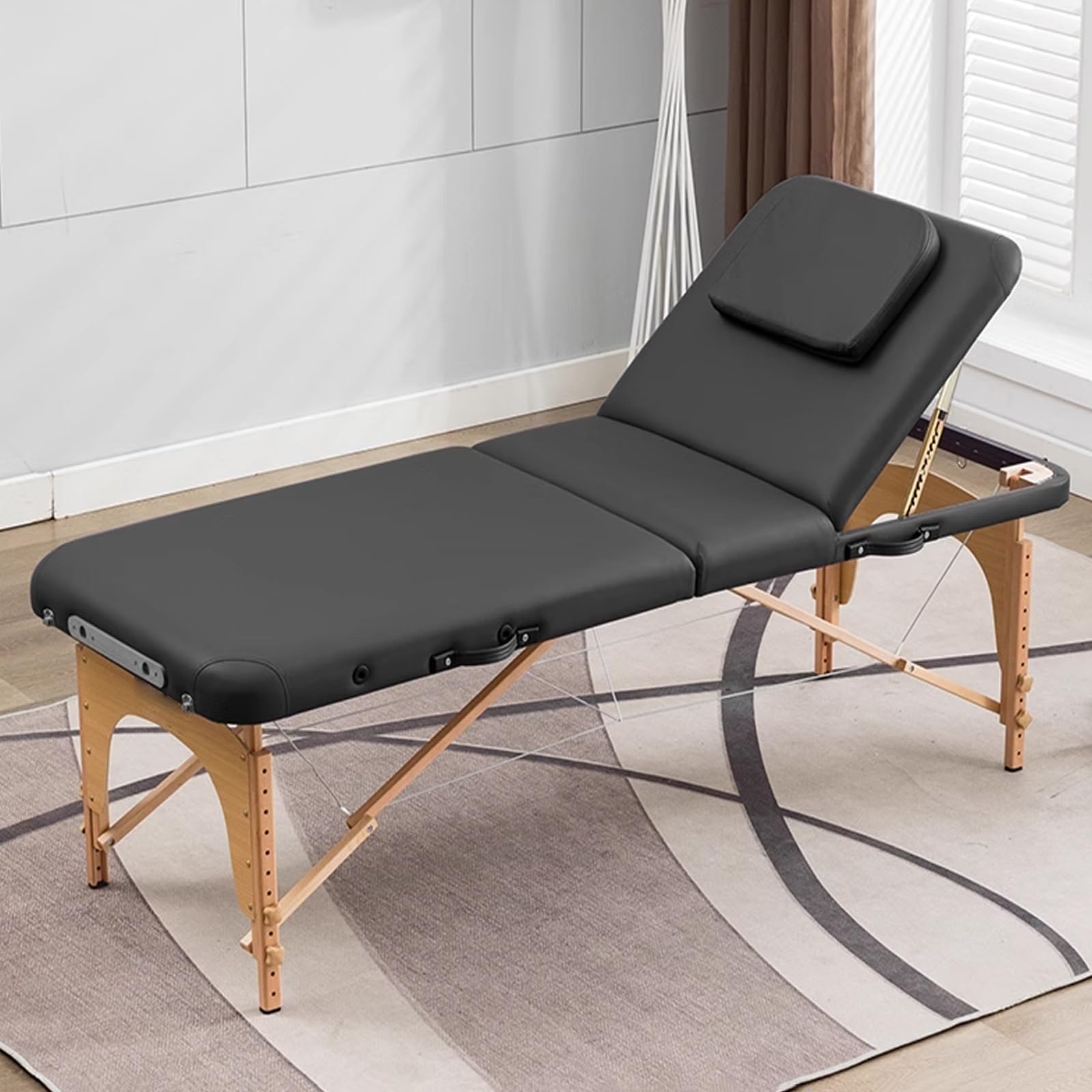 Lettino da Massaggio Altezza Regolabile Pieghevole Gambe in Legno Massello Corda Metallica Lettino per la Bellezza Facile da Trasportare(Nero,60cm)