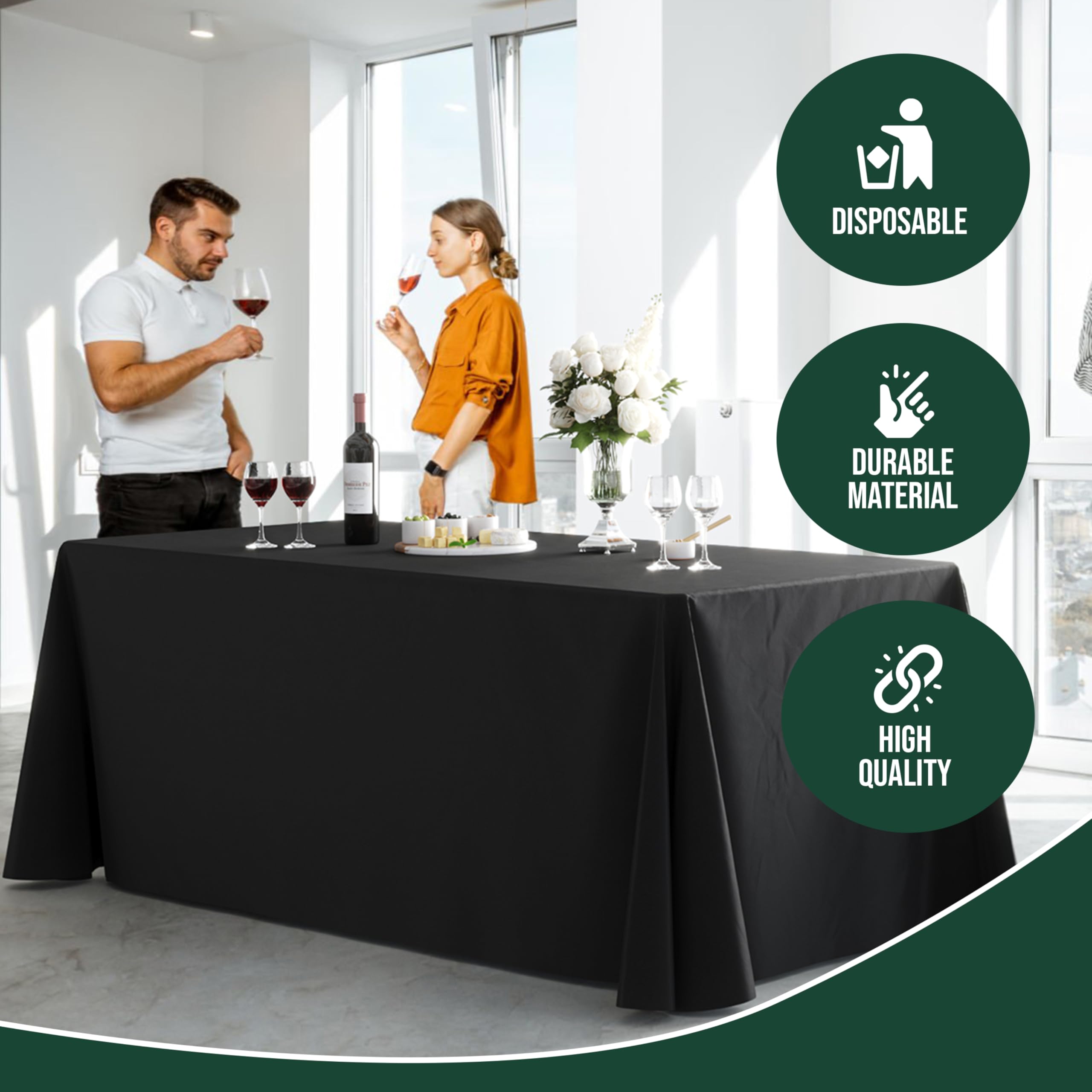 Paquete de 12 manteles rectangulares desechables de plástico negro de 70 x 120 pulgadas para fiestas, manteles rectangulares desechables para fiestas, ideales para picnics y eventos formales
