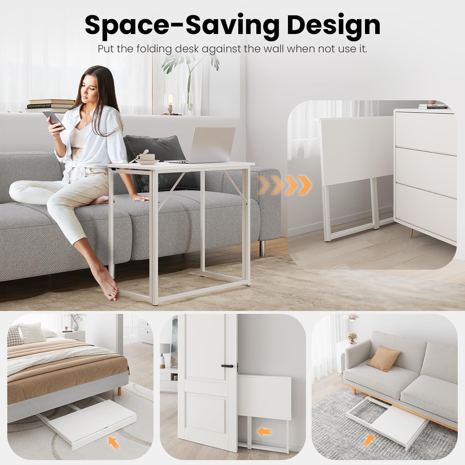 Dripex Scrivania Pieghevole, Scrivania per Casa e Ufficio, Tavolo da Studio Porta PC Stabile e Salvaspazio, 80 x 46 x 74 cm(Bianco)