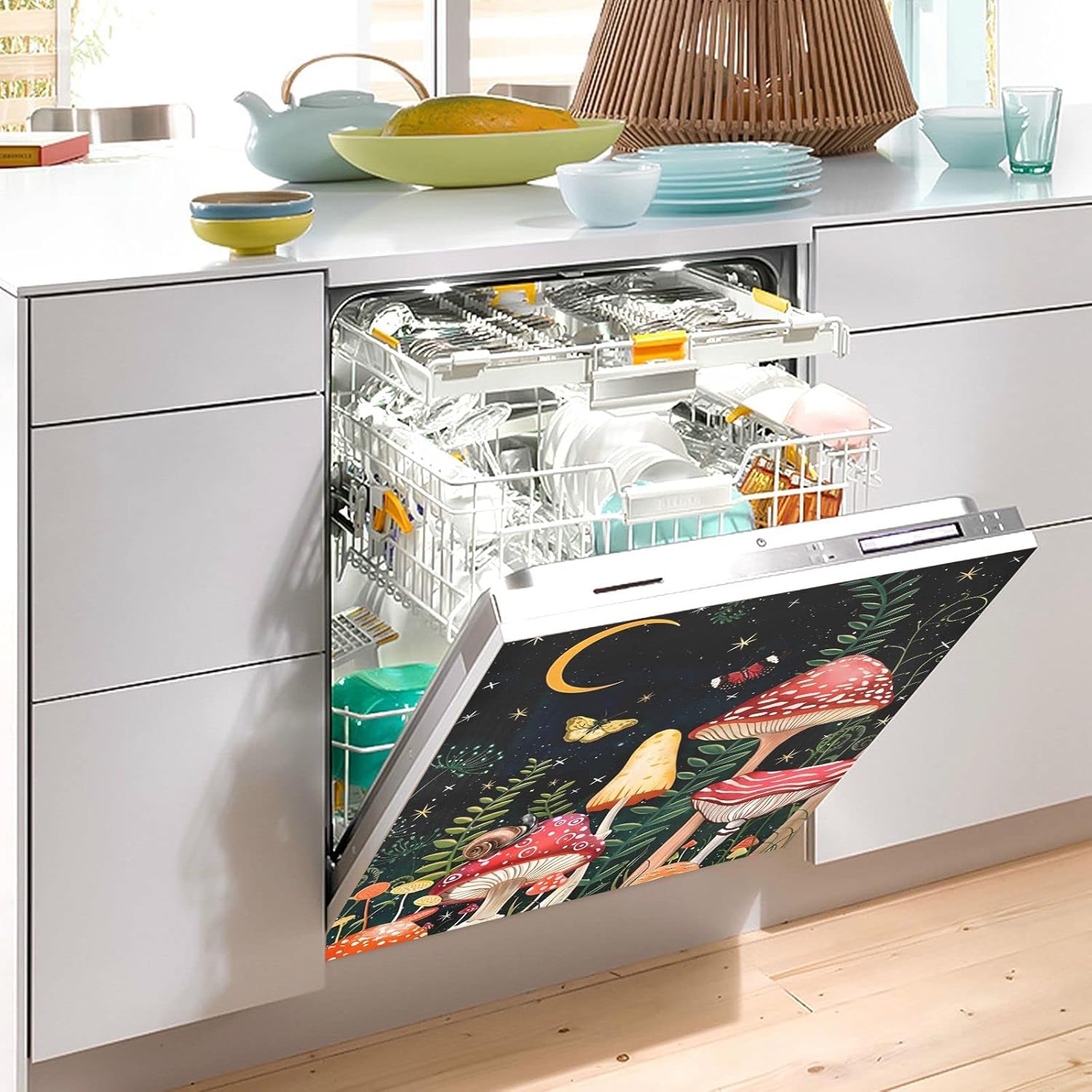 Naanle Dishwasher Magnet Cover Moon Mushroom Front Dishwasher Cover Magnetic Kitchen Home Cabinet Decals Appliances Stickers Refrigerator Decorative 23" x 26"