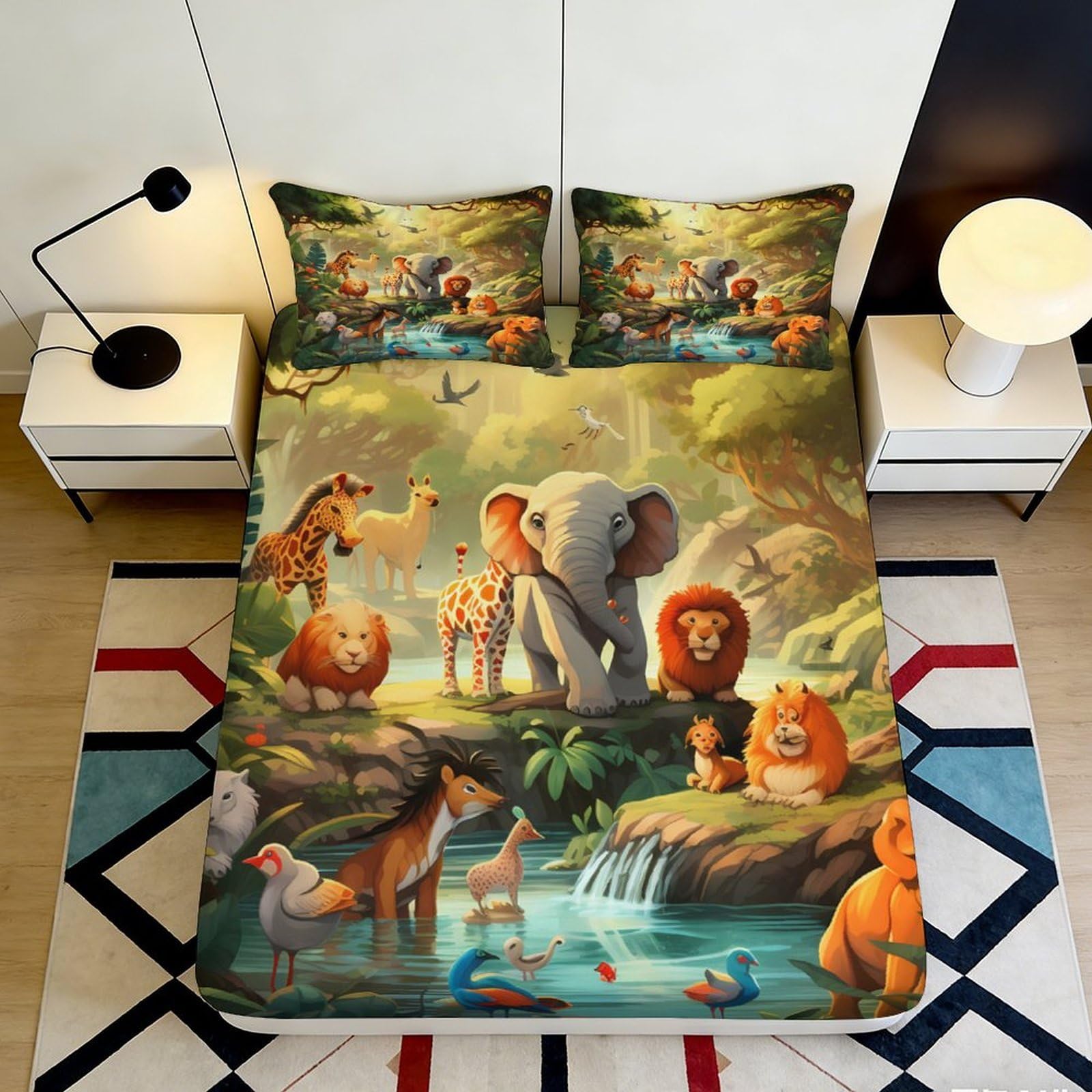 3D Printed Jungle Safari Animals Fitted Sheet Microfiber Soft Anti-Slip Bed Cover for Bedroom Dorm Apartment 180x200x25cm