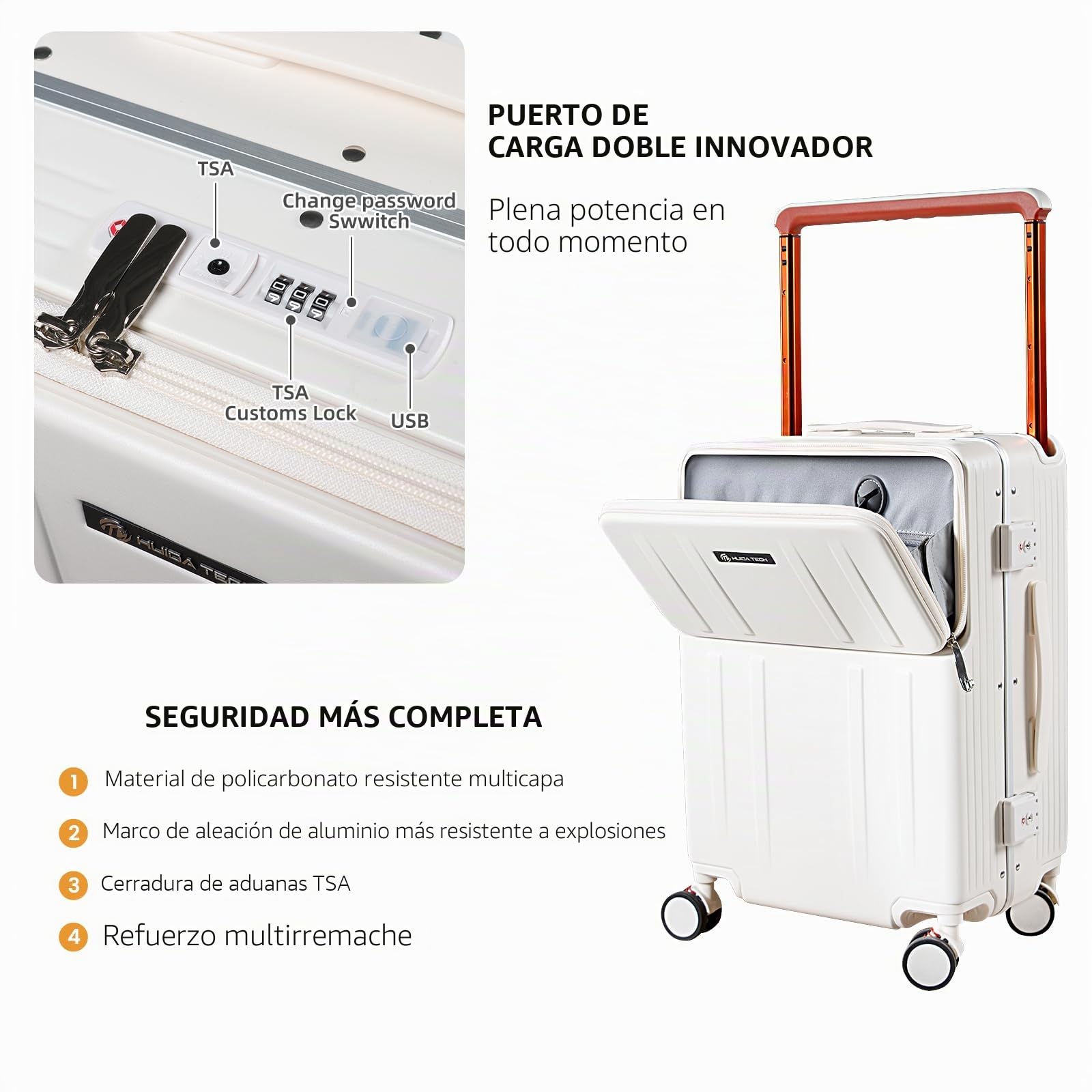 Maleta de Mano de 20 Pulgadas con Compartimento para Laptop, Carcasa Rígida De Policarbonato con Marco de AAluminio y Cerradura TSA, Equipaje de Cabina con Ruedas Giratorias, Carga USB