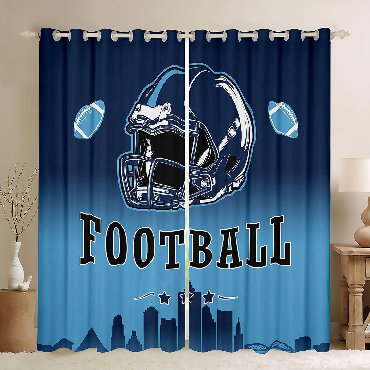 Erosebridal American Soccer 52" Wx63 L Window Treatments Drapes for Kids Boys Teen Adults,Sports Rugby Blackout Curtains Football City Window Curtains 2 Panel Sets