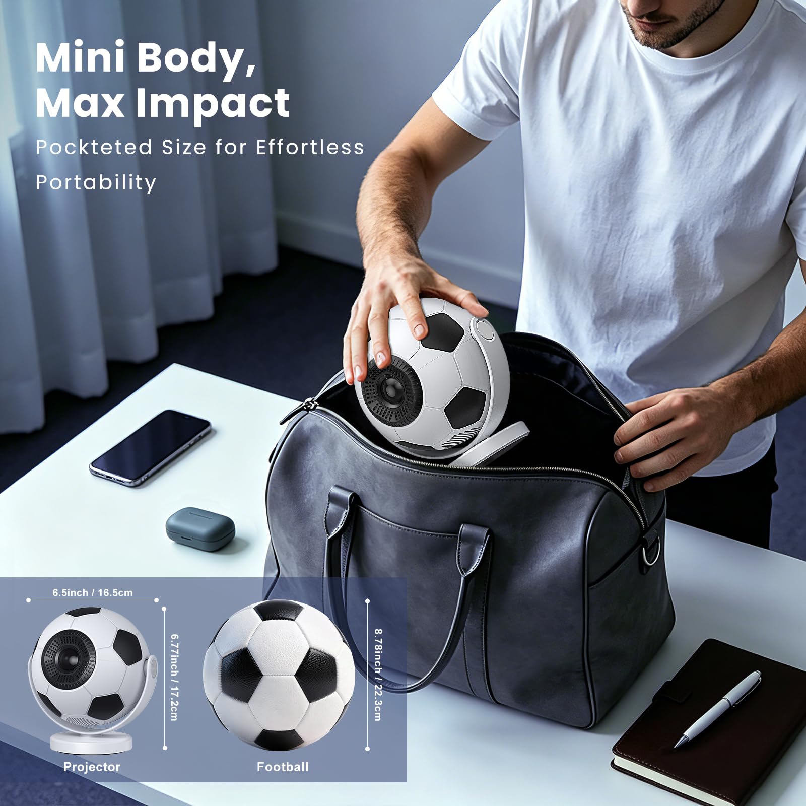 [Proiettore di Calcio] Mini Proiettore Portatile con WiFi 6 Bluetooth 5.4,Android 14, Support 4K,Auto Keystone,Rotabile 180°. Videoproiettore Compatibile con iOS/Android/PC