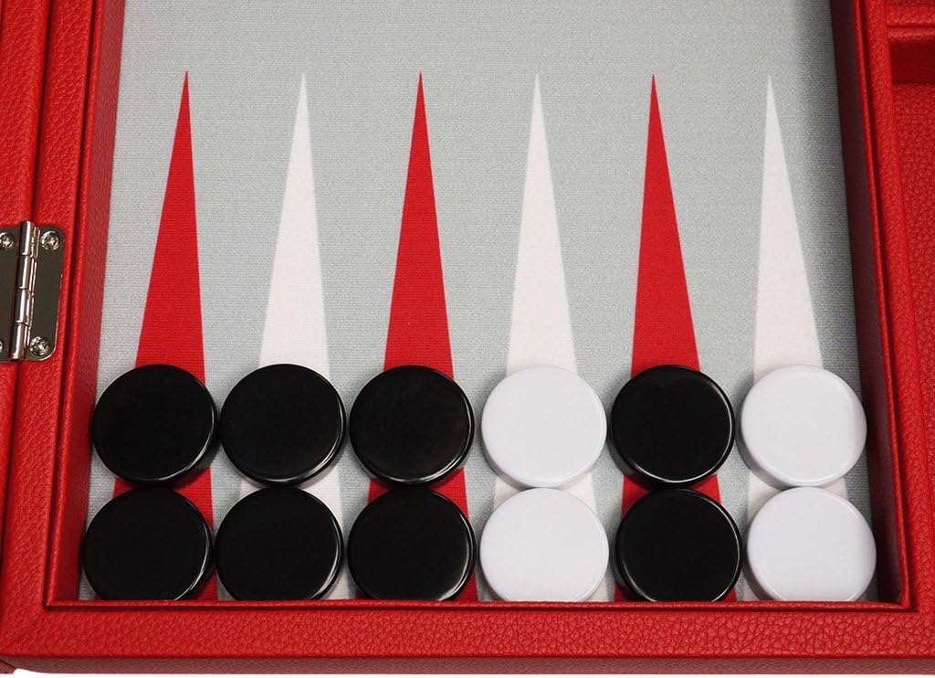 16-inch Premium Backgammon Game Set - Red Board - Grey Field - White and Red Points