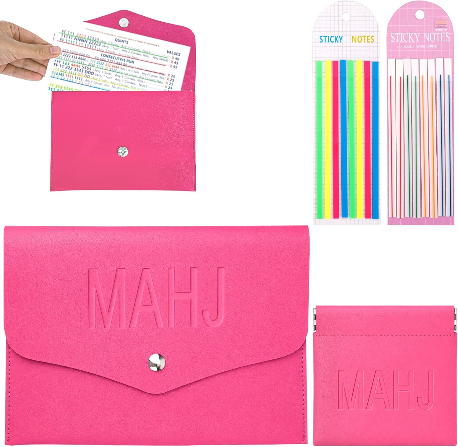Mahjong Card Holder Set with Dice Pouch & 320 Pcs Line Finder Tape, Magnetic PU Leather Mahjong Accessories Organizer Case for Mahjong Rule Cards, Travel Game Night Gift (Hot Pink)