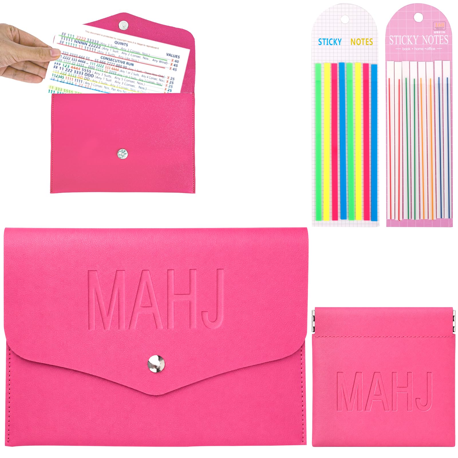 Fukaisu Mahjong Card Holder Set with Dice Pouch & 320 Pcs Line Finder Tape, Magnetic PU Leather Mahjong Accessories Organizer Case for Mahjong Rule Cards, Travel Game Night Gift (Hot Pink)