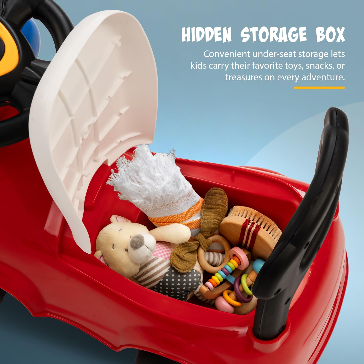 Baybee Snappy Baby Ride on Cars for Kids | Indoor Push Ride on Car with Safety Backrest & Toy Storage | Portable Kid Cars with Music & Horn | Outdoor Rider car for Kids 1 to 3 Years Boys Girl (Red) 3