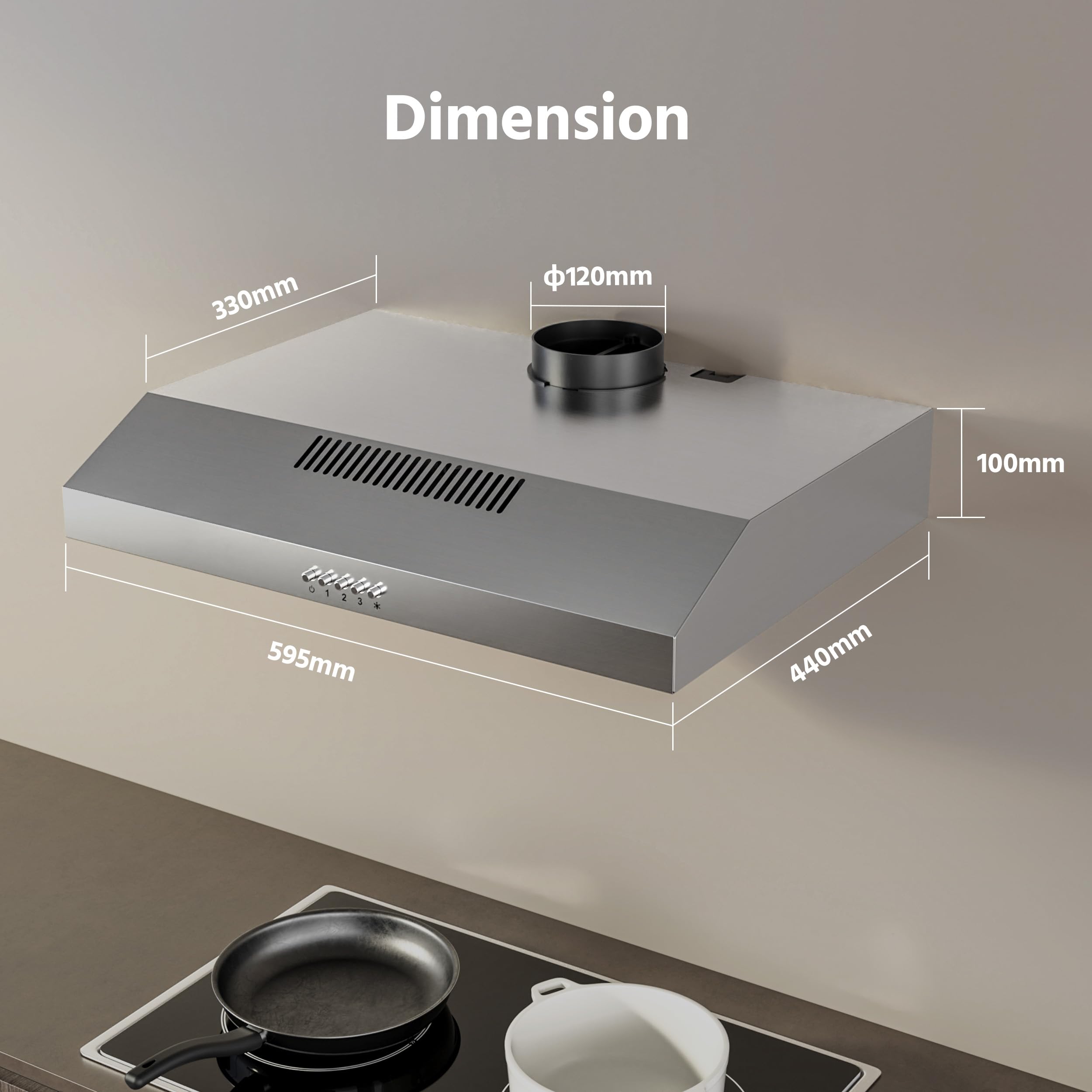FIREGAS Hotte de Cuisine 60cm A++, Hotte Aspirante Inox Silencieuse avec Moteur sans Balais, 3 Vitesses, Éclairage LED, Mode Recyclage ou Évacuation, Idéal Petites Cuisines
