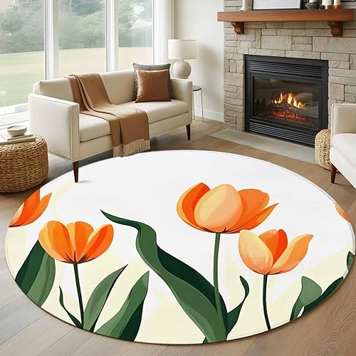 Round Rugs 8ft, Orange Tulip Non-Slip Area Rugs for Living Room Bedroom Entryway, Watercolor Retro Elegant Botanical Washable Carpet Runner Rug for disponible en Yaxa Colombia