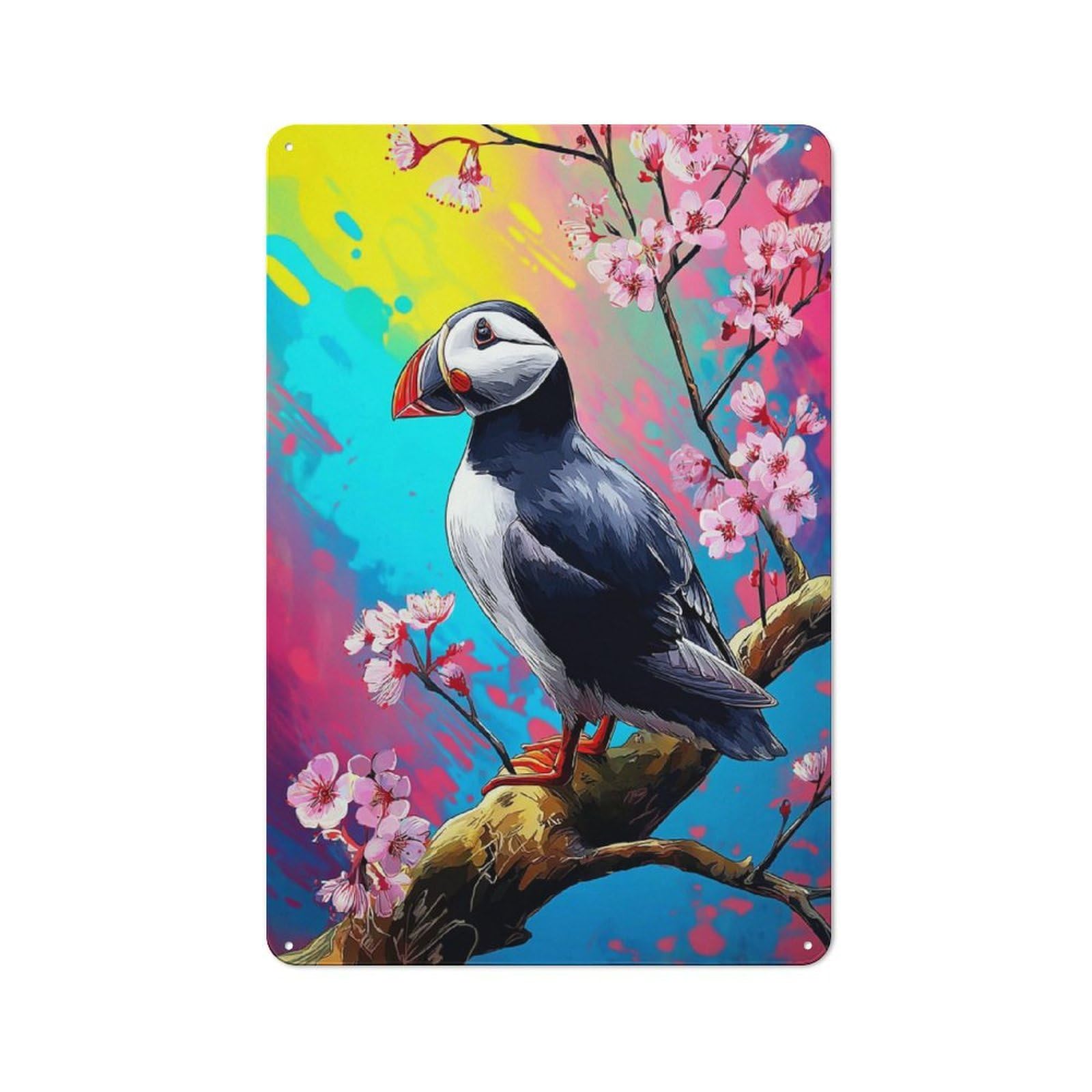 Junmoney Puffin Perched On Blossom Branch -1 Tin Sign 30X20cm With For Workshop Wall, Retro Decor, For Vintage Wall Decor Fans, For Garage And Workshop Walls