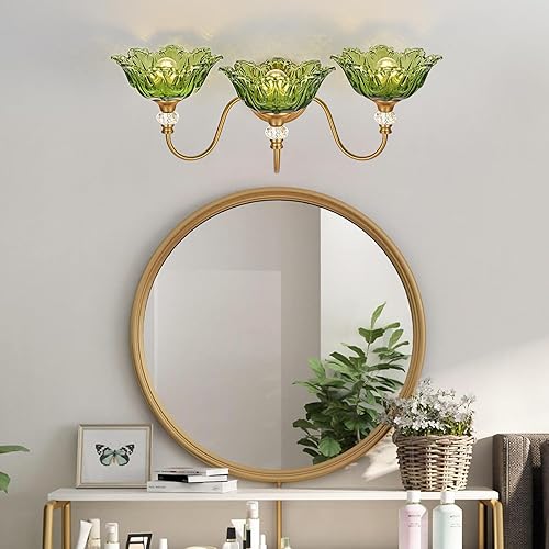 Miniatura 9 de Vintage Bathroom Vanity Light, 3-Light Matte Brass Finish Vanity Light with Floral Green Glass Shades, Retro Wall Sconce for Bathroom, Dressing Table