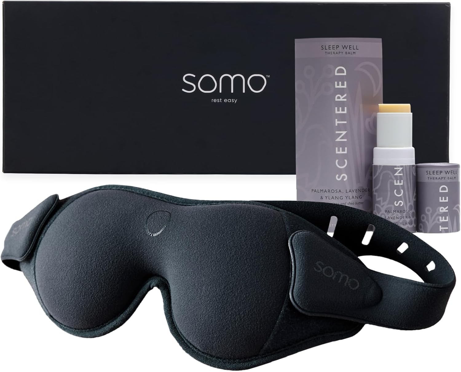Scentered x SOMO Premium Blackout Sleeping Mask & Sleep Well Aromatherapy Balm Gift Set – Acupressure Eye Mask & Lavender Essential Oil for Deeper Recovery – Fall Asleep Faster & Stay Asleep Longer