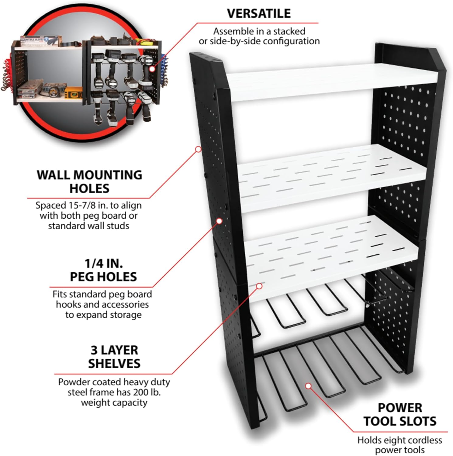 Performance Tool W7704 17-in Five Level Power Tool Storage Rack: 200 lb Limit, 9-Gauge Solid Steel Frame, Baked on Powder Coat Finish with 1/4-in Peg Holes, For Garage/Home, Black/White