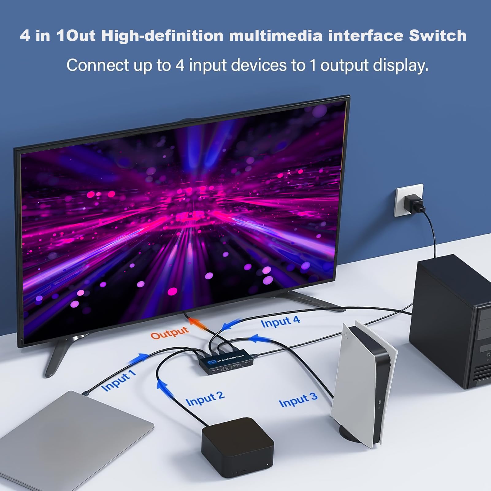 Asixxsix Splitter HDMI 4K 4 Ingressi 1 Uscita, Commutatore Schermo Segnale con Telecomando, Splitter HDMI Sottile 4K a 30 Hz 1x4 per TV PC, Lettore DVD, Console di Gioco, Proiettori