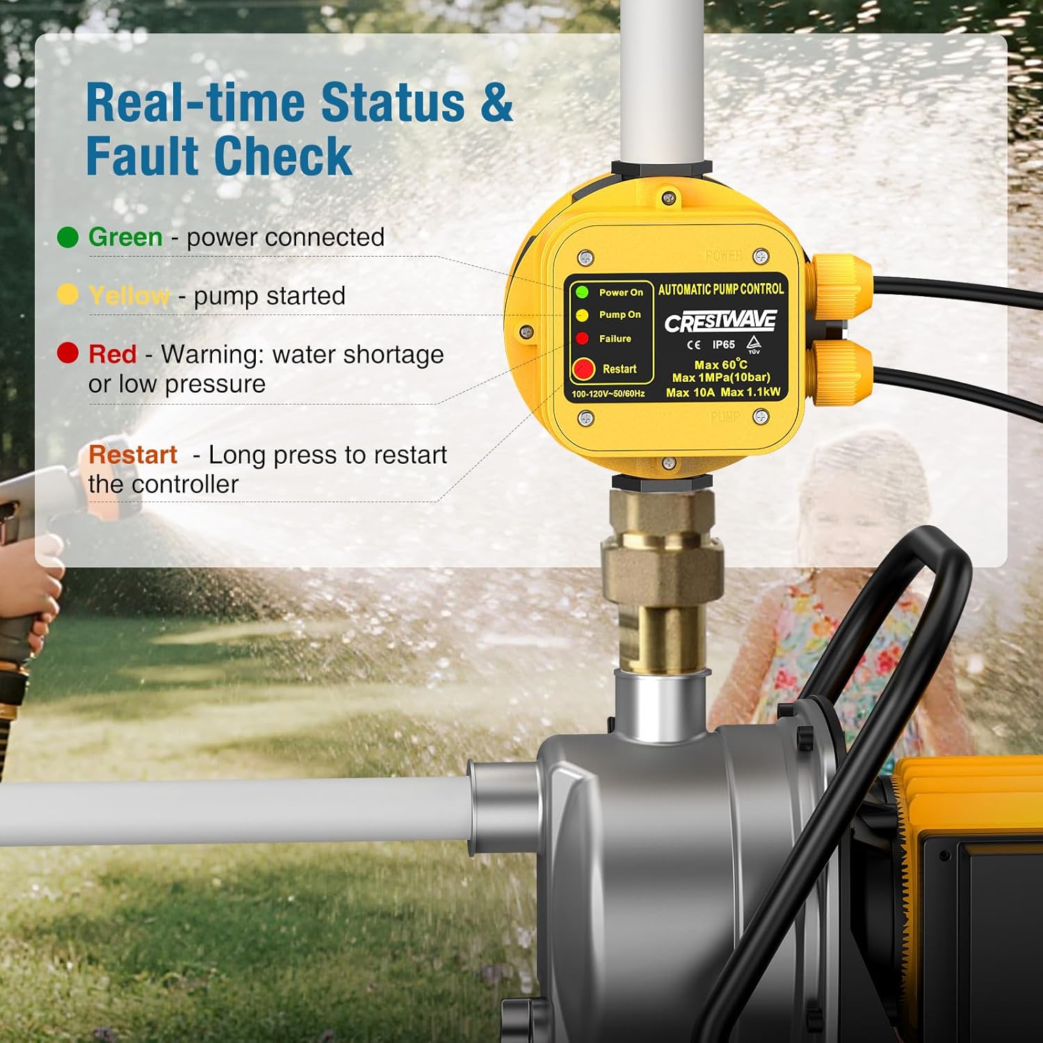 Smart Pressure Switch with Gauge for Well Pump, Automatic Water Pumps Switch, Dry-running Protection for Submersible/Shallow Well/Garden/Jet/Self-priming Pump, Power&Pump Cable Included, 110V-120V
