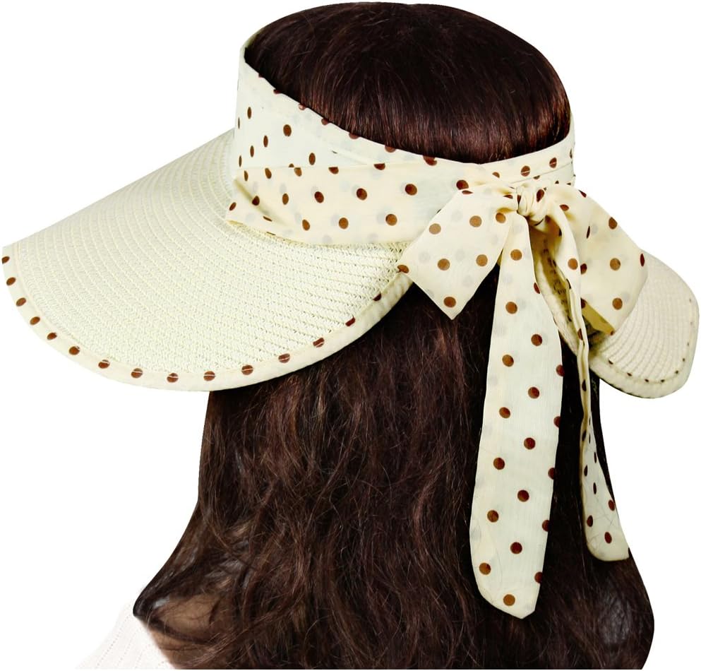 Dahlia Women's Summer Sun Hat - Polka Dot Ribbon Straw Visor