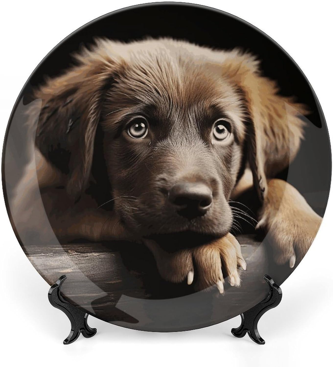 Puppies Dog Bone China Decorative Plate with Display Stand, Ceramic Ornaments Plate for Wall Hanging, Personalized Porcelain Plates for Office, Living Room 8inch