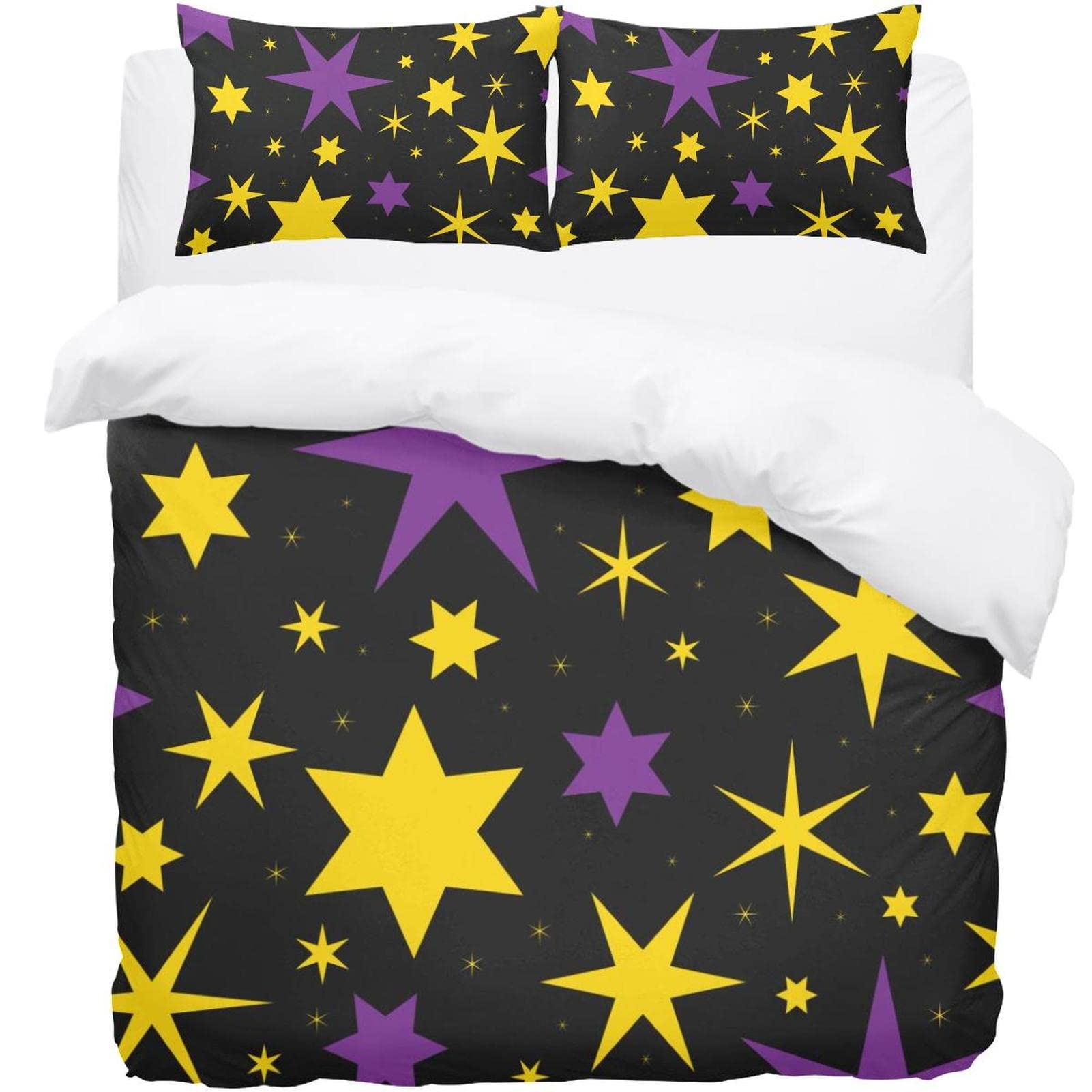 Parure de lit double motif étoile violet et jaune avec housse de couette et taies d'oreiller