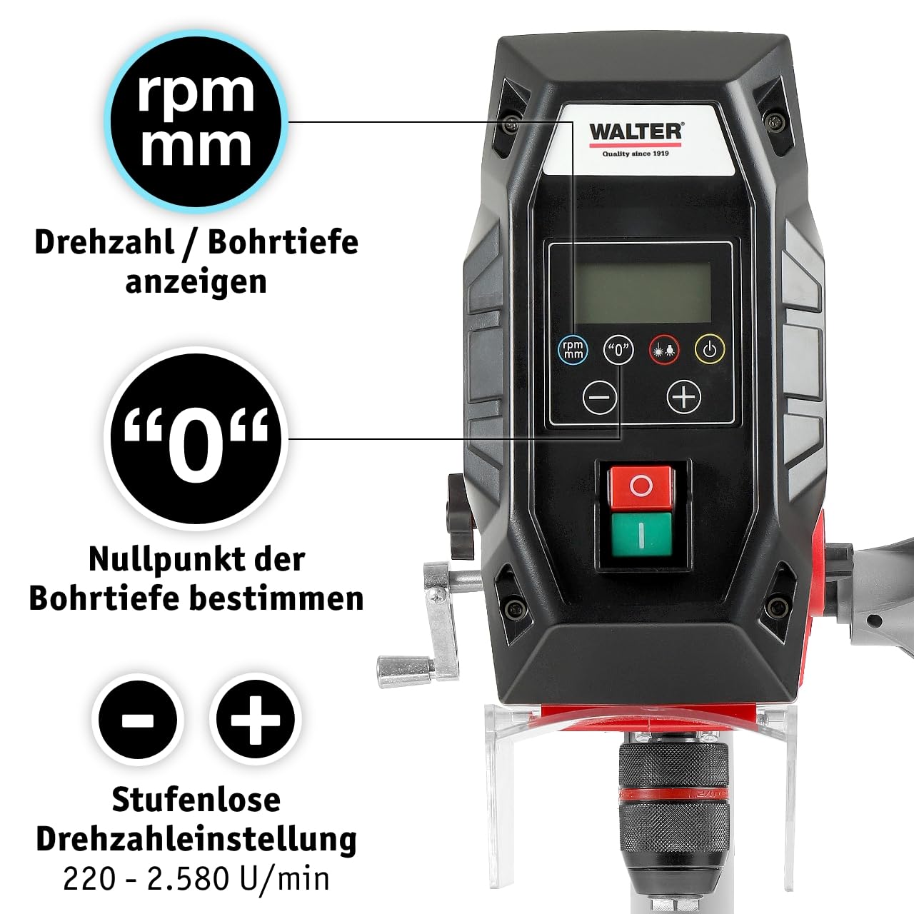 WALTER Tischbohrmaschine 900 W, Standbohrmaschine mit Digitaldisplay für einfache Bedienung, Kreuzlinienlaser und praktisches LED-Arbeitslicht, Extra starke Ständerbohrmaschine/Säulenbohrmaschine