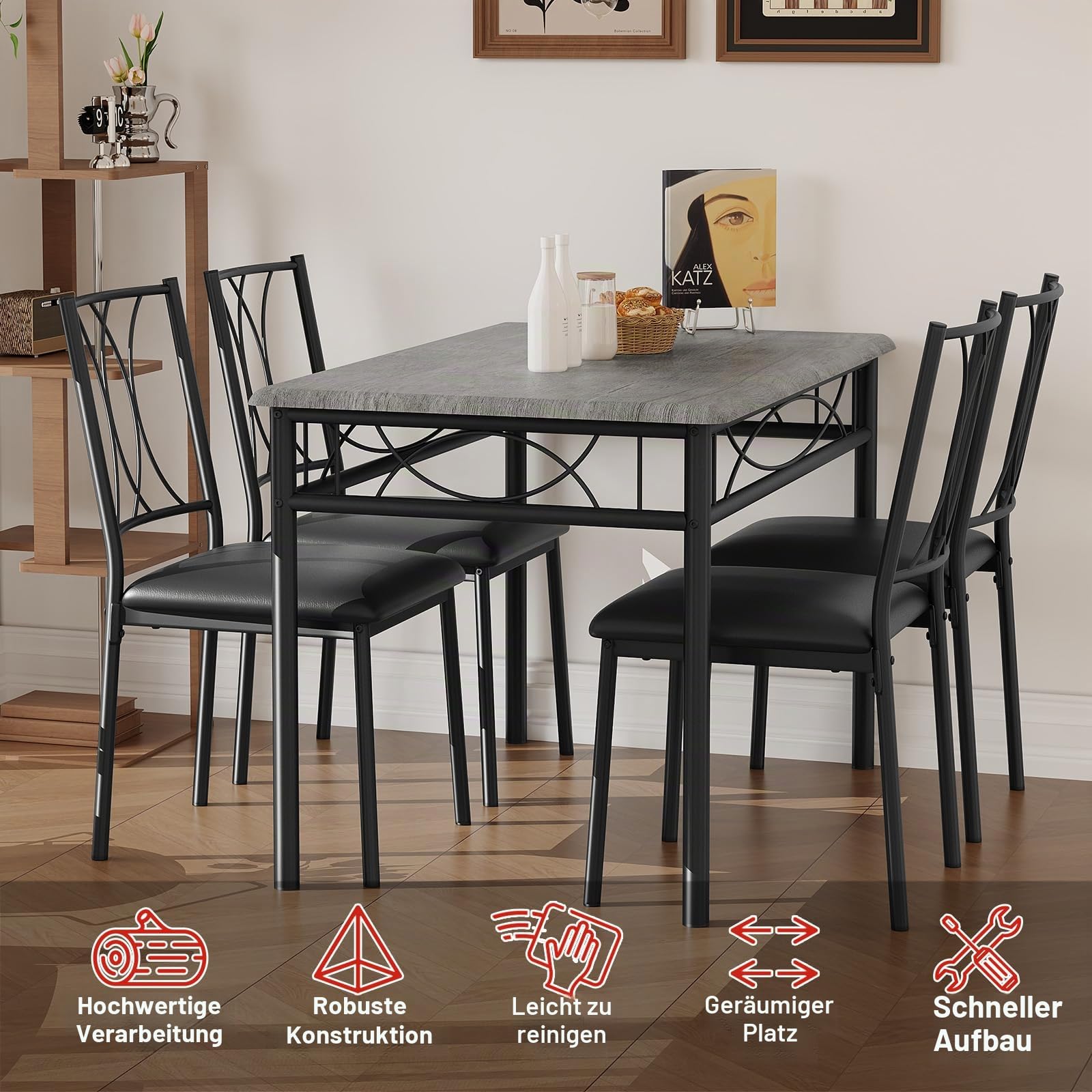 Garvee Esstisch mit 4 Stühlen, 5-Teilig Essgruppe mit gepolsterten Stühlen, Platzsparende Sitzgruppe Küchentisch Set Esszimmertisch Holzoptik für Küche Esszimmer Wohnung, Grau Schwarz