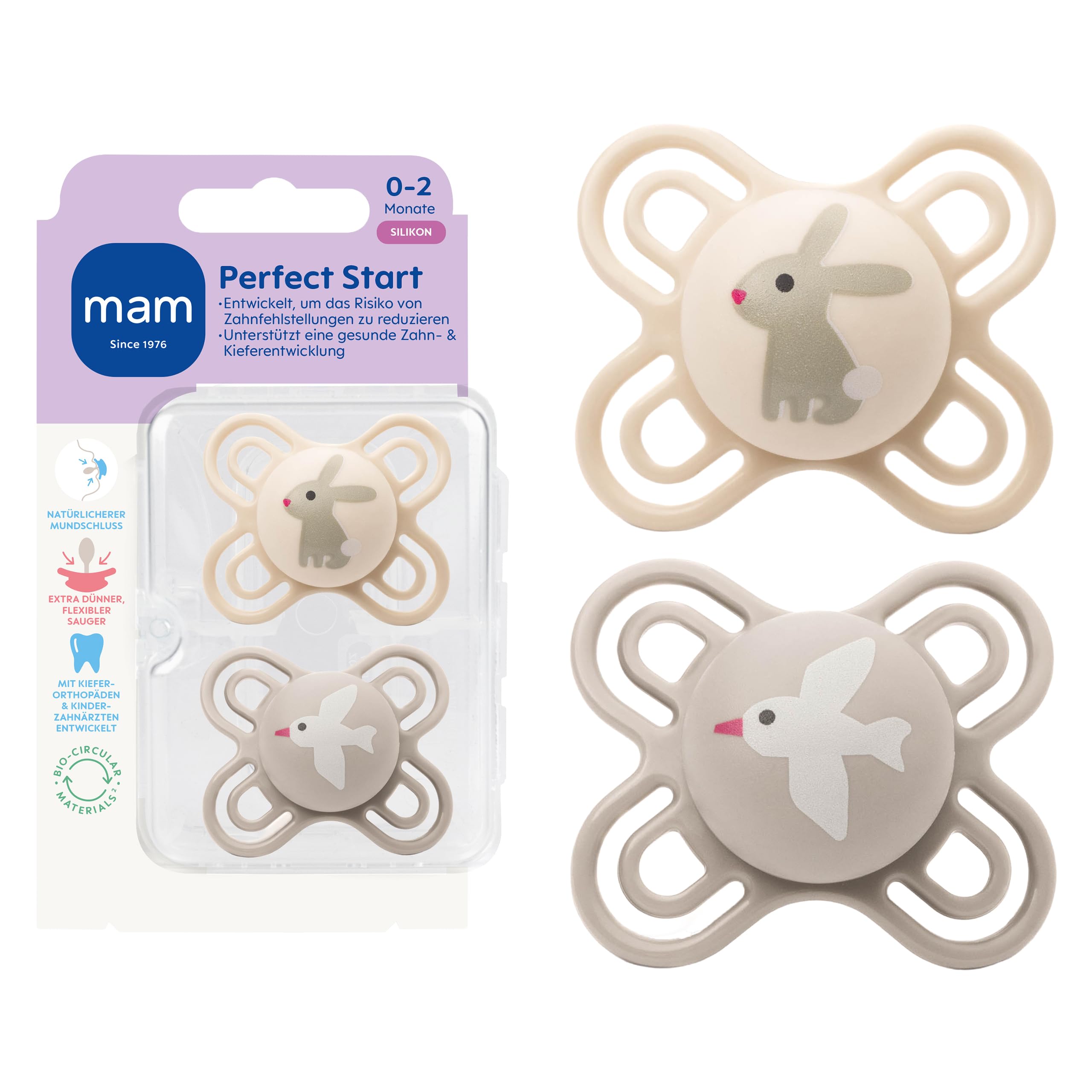 MAM Perfect Start Schnuller, 0-2 Monate, Hase/Möve, 2 Stück | Beugt Zahnfehlstellungen vor, SkinSoft Silikon, hautfreundlich dank Luftlöcher, inkl. Sterilisierbox