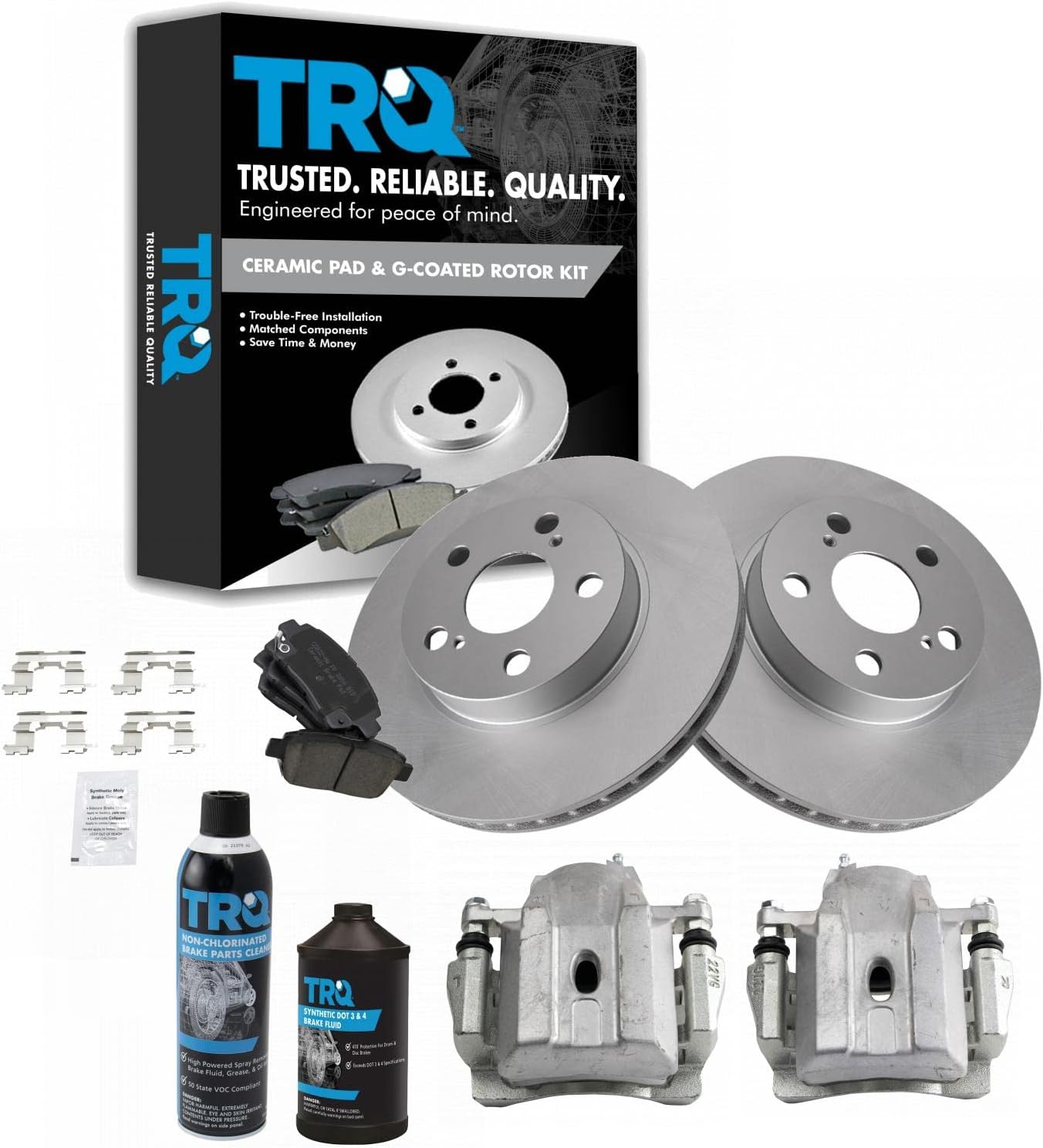 TRQ Front Brake Pad, Caliper, & Rotor Kit, with Chemical Kit Ceramic Premium G-Coated Compatible with 2004-2008 Toyota Prius