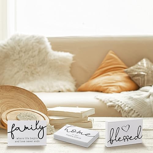 Miniatura 5 de Jetec 3 letreros de madera rústica con texto en inglés "Family Home Blessed", mini letrero decorativo de madera para decoración de mesa de granja