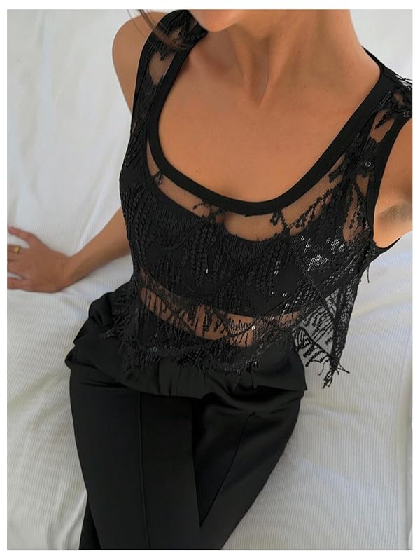 Floerns Women's Sparkly Sequin Mesh Sheer Top Y2k Sleeveless Square Neck Party Club Tank Tops Black Sequin Large by Floerns - Used condition - Image 3