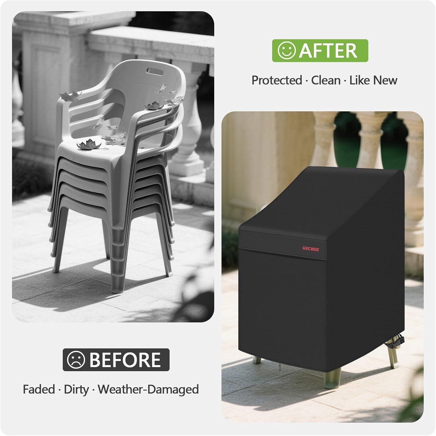 RICHIE Stackable Patio Chair Cover, 600D Stacking Outdoor Chair Cover Waterproof, High Back Covers for 4-6 Stackable Dining Chairs, UV Resistant Patio Furniture Covers, 35”Dx27”Wx45”H, Black, 2 Pack