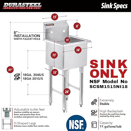 Miniatura 2 de DuraSteel Utility & Prep - Fregadero (1 compartimento, acero inoxidable, certificado NSF, fácil instalación, comercial, alimentos, cocina,