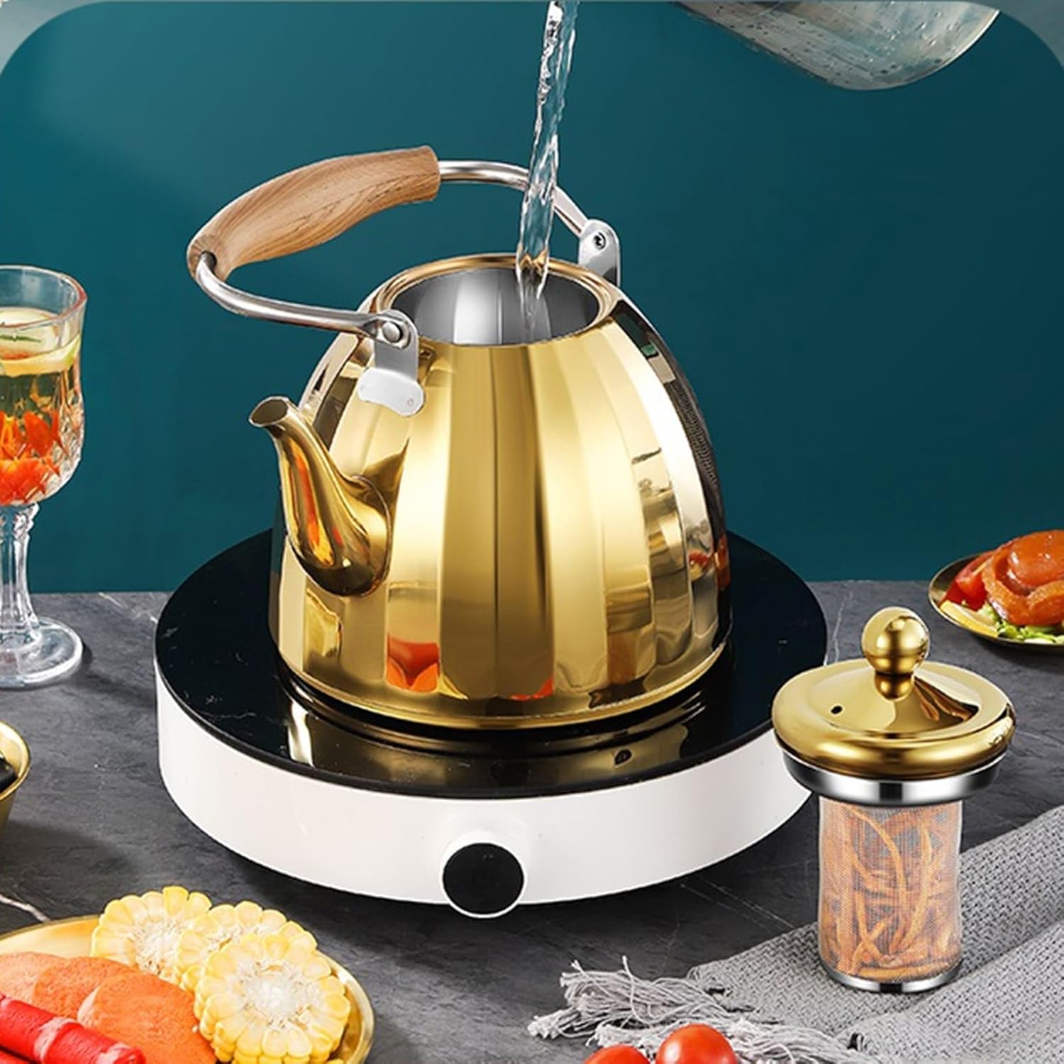 Gold Tea Kettle Stovetop with Infuser, 1.1-Quart Small Cute Tea Pot, 304 Stainless Steel Teapot with Ergonomic Wood Pattern Folding Handle for All Stovetops(1L)