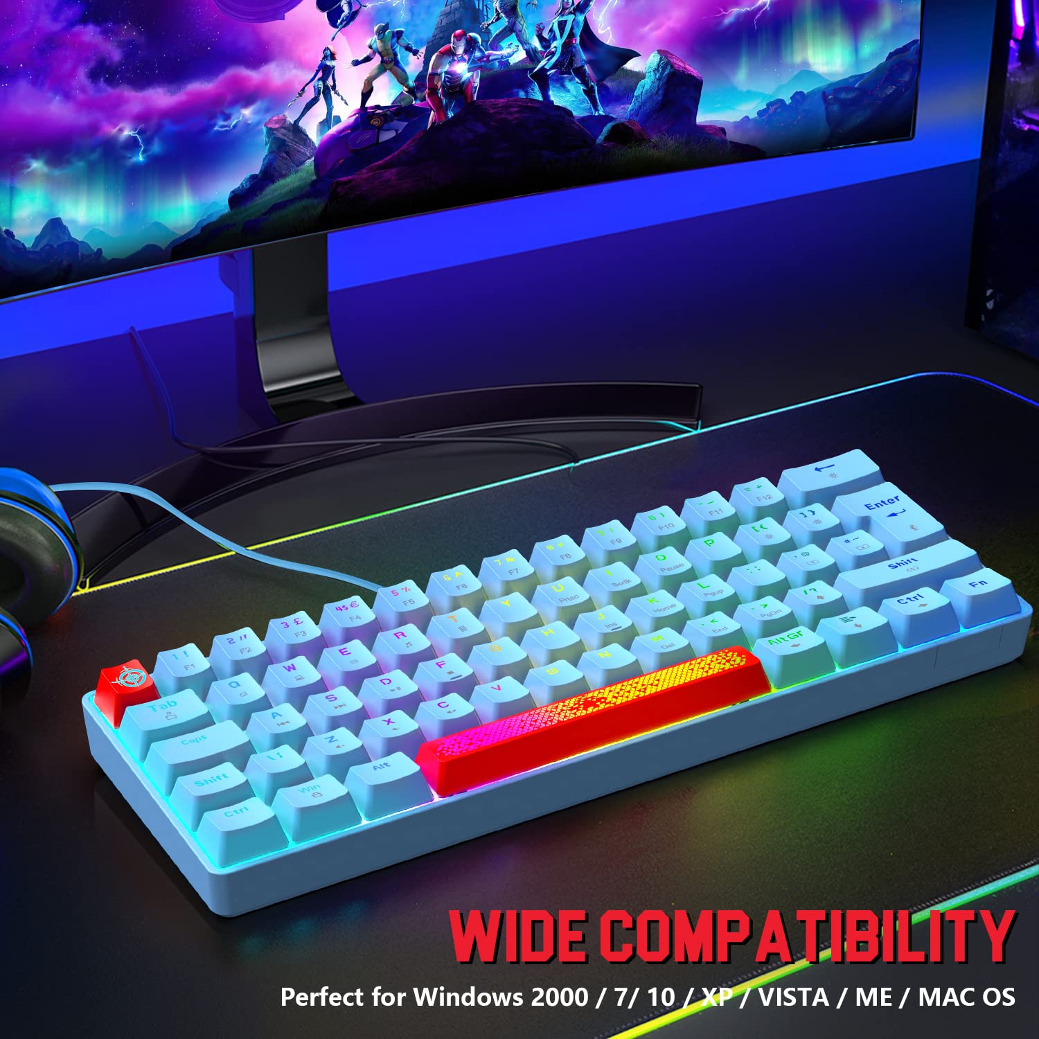 Tastiera da gioco al 60% con interruttore blu, 62 tasti compatti, 18 LED Chroma RGB retroilluminata, USB staccabile di tipo C, extra due tasti rossi tastiera meccanica (blu)