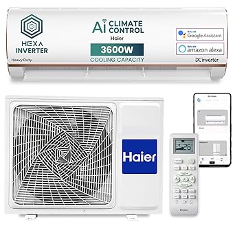 Haier 1 Ton 5 Star AI Climate Control Smart Split AC (3600W, Copper, Wi-Fi, Heavy Duty, 4 Way Swing, Frost Self Clean, HD Filter, Cools at 60°C, 20 Mtrs Air Throw - HSU14K-PYAIR5BN-INV, White) - image, photos