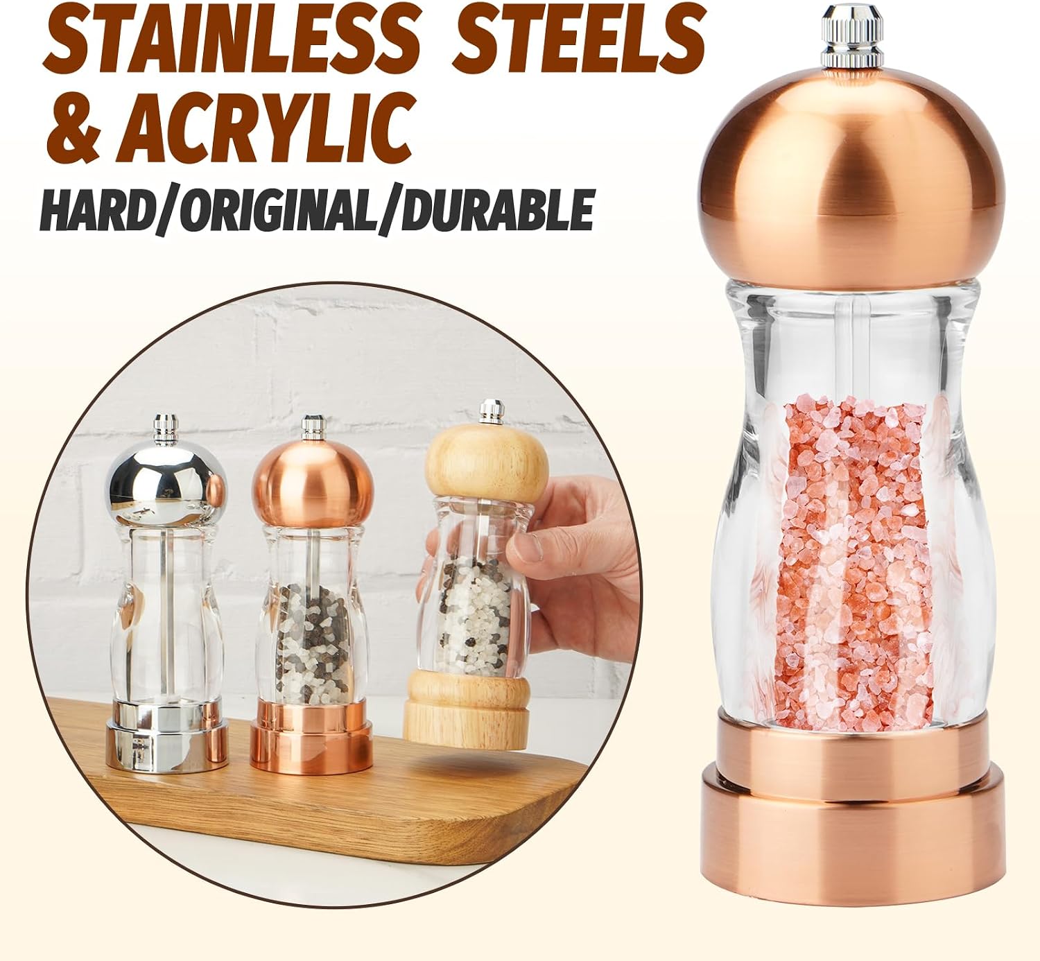 SHIKORI Acrylic Salt and Pepper Grinder, 6 inch Adjustable Salt and Pepper Shakers, Refillable Manual Salt Pepper Mill (Gold & Silver)