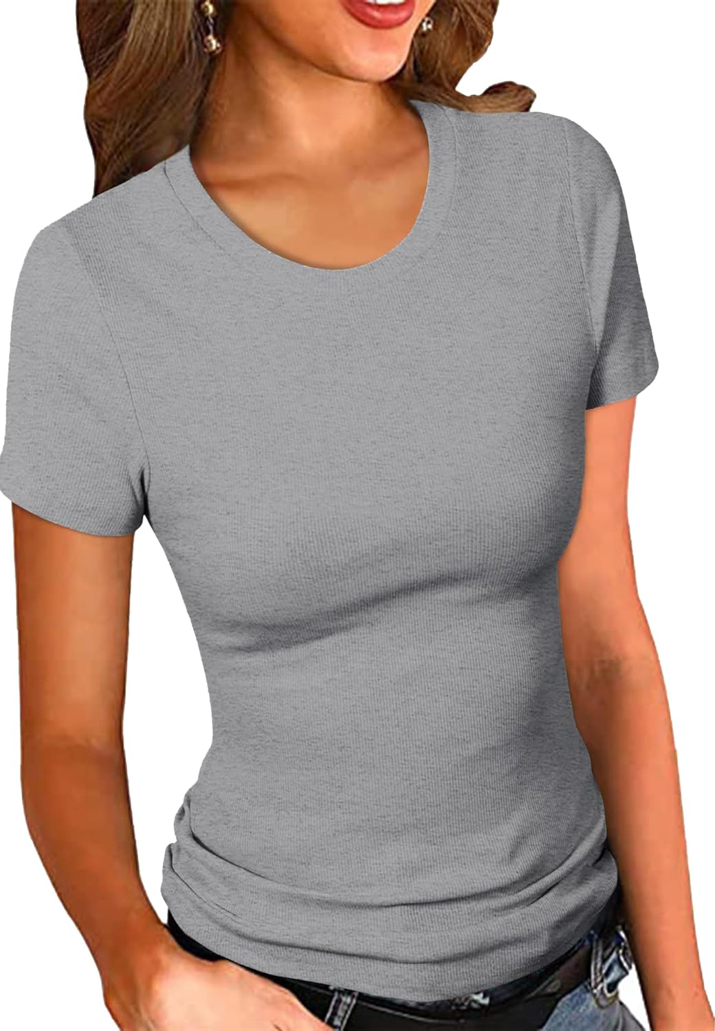 ZAWAPEMIA Women's Crew Neck Ribbed Fitted Shirt Basic Short Sleeves Summer T Shirt Tops