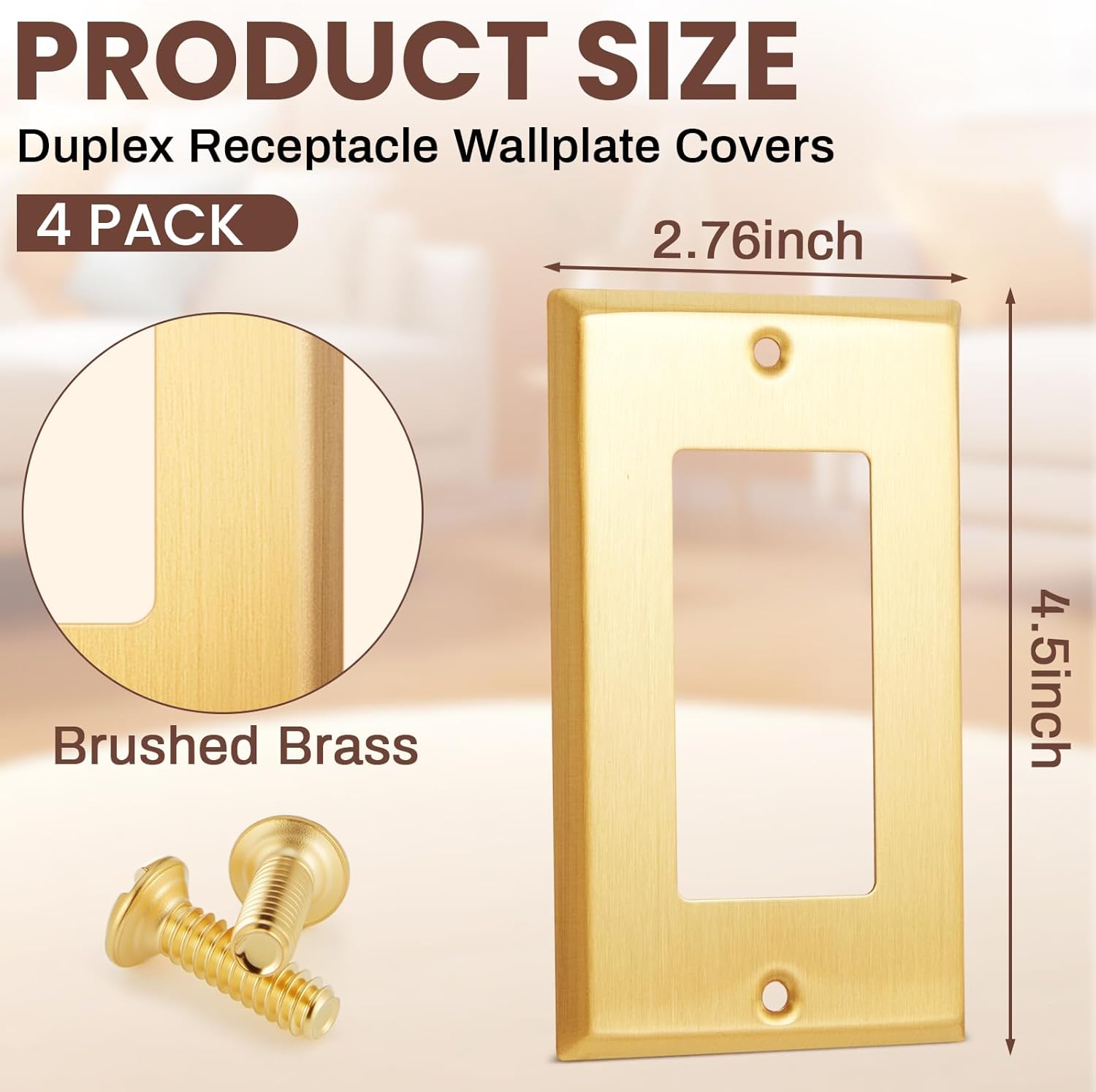 Zonon 4 Pack Gold Outlet Covers 4.50 x 2.76 Single Receptacle Wallplate Rocker Covers Brass Metal Brushed Decorative Gold Receptacle Wallplate Corrosion Resistant, Standard Size, Brushed Brass