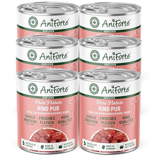 AniForte Barf Hundefutter Nass Rind Pur 6 x 400g – Fleisch Pur, Barffleisch für Hunde, Barffutter, Nassfutter getreidefrei & mit hohem Fleischanteil, Wet Dog Food Dosenfutter
