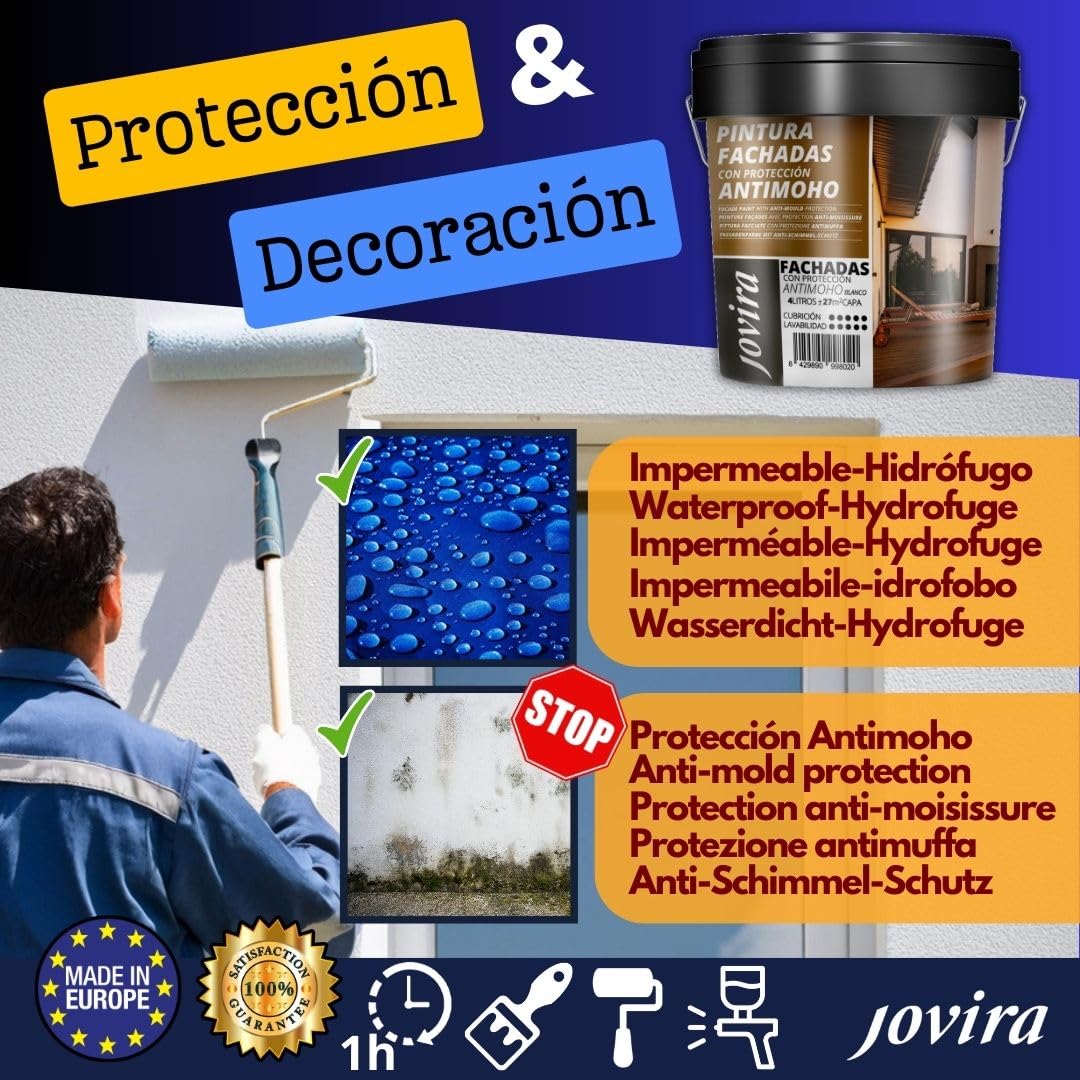 JOVIRA PINTURAS Peinture Façades Anti-Moisissures hydrofuge, imperméable et anti-fissures. (4 Litres, Blanc)