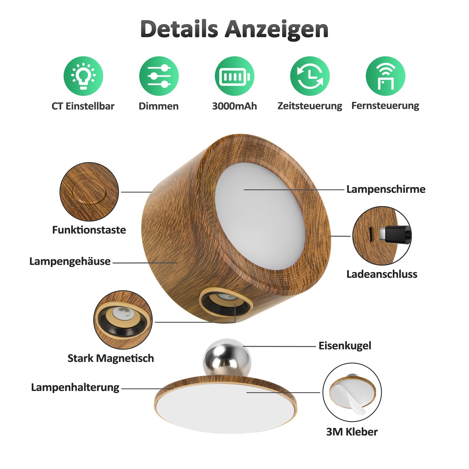 LED Wandleuchte Kabellos, 2 Stück Akku Wandlampe ohne Bohren Aufladbare Lampen, 3 Farbmodi Dimmbar Wandlicht Nachttischlampe mit Fernbedienung, 360° Indirekte Strahler für Kinderzimmer Schlafzimmer