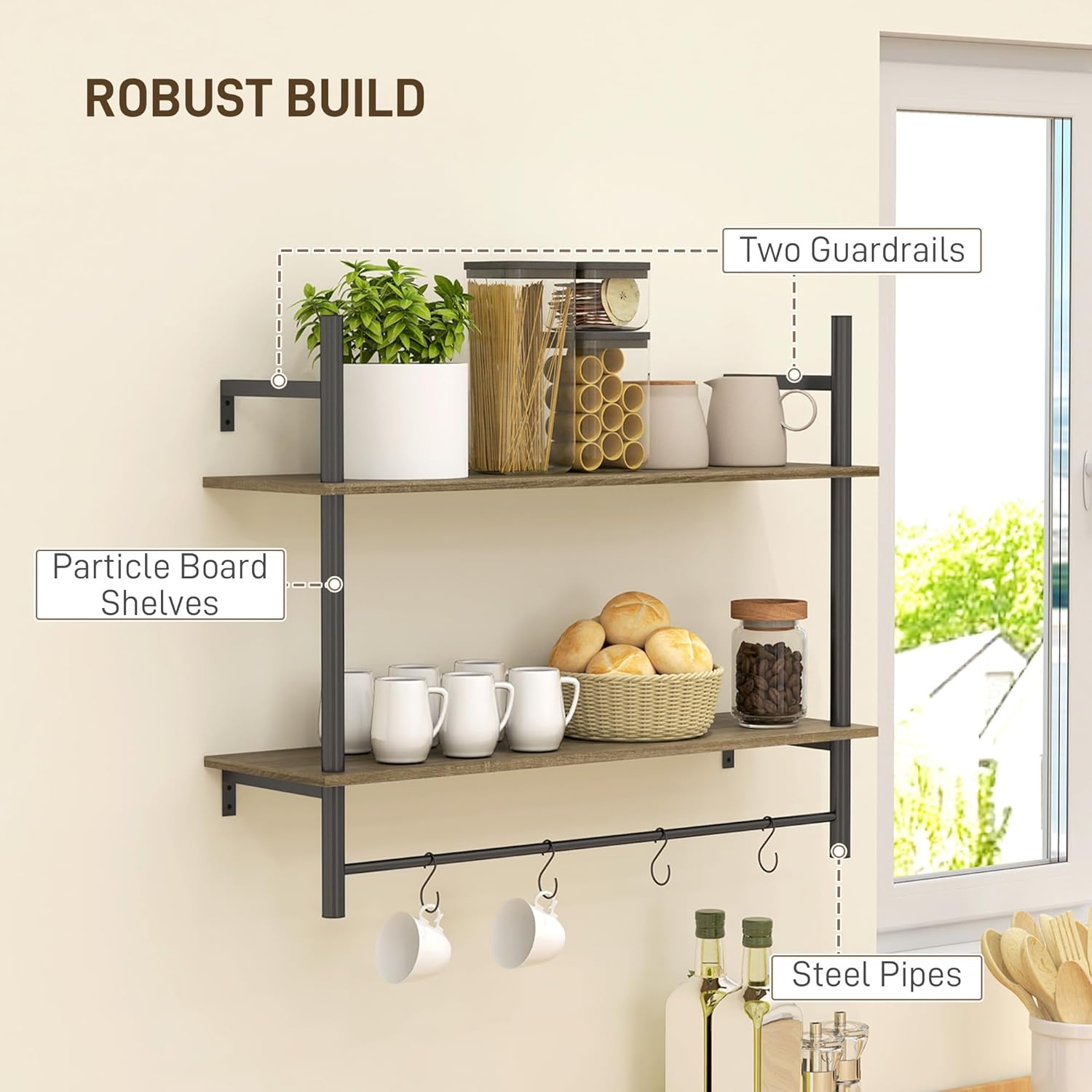Close-up of HOMCOM Floating Shelf showing particle board shelves, steel pipes, and guardrails