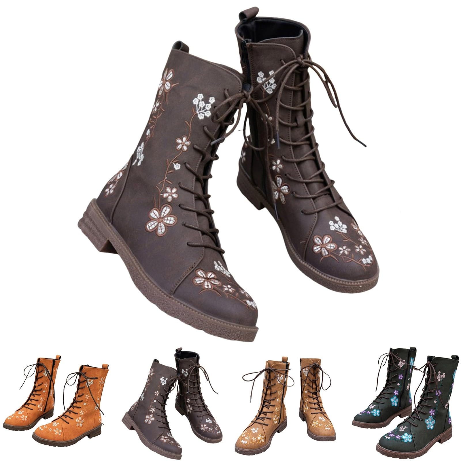 Bottines pour femme - En cuir - Élégantes - Avec fermeture éclair - Pour l'automne et l'hiver - Imprimé floral