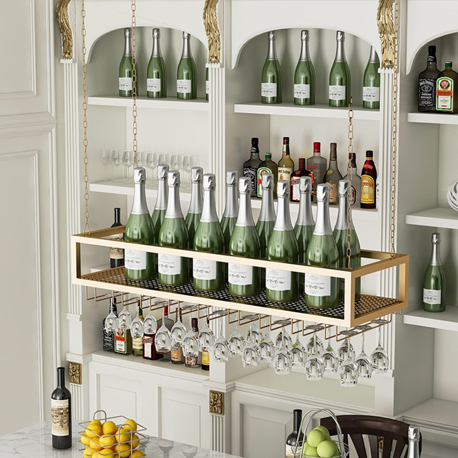 Étagère flottante pour verres à vin et bouteilles style bar à la maison